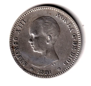 ESPAÑA: 1 peseta plata 1891 *18* *91* PG.M. Rey Alfonso XIII Tipo Pelón - Imagen 1 de 2