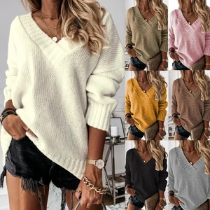 Womens Knitted Sweater V Neck Baggy Jumper Winter Long Sleeve Pullover Tops Size - Picture 1 of 25