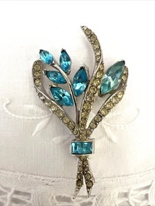 Vintage Aqua Blue & Clear Rhinestone Floral Spray Pin Brooch Silver Tone 2 1/2" - Picture 1 of 8