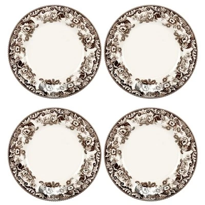 Spode Delamere Dinner Plate, Brown And White Scroll's And Flower's, Set of 4