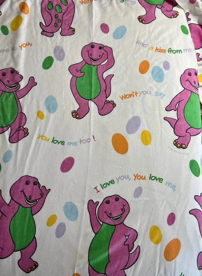 Vintage 1992 Barney Purple Dinosaur 90” x 67” Twin Bed Sheet “I Love You” - Image 1 of 4
