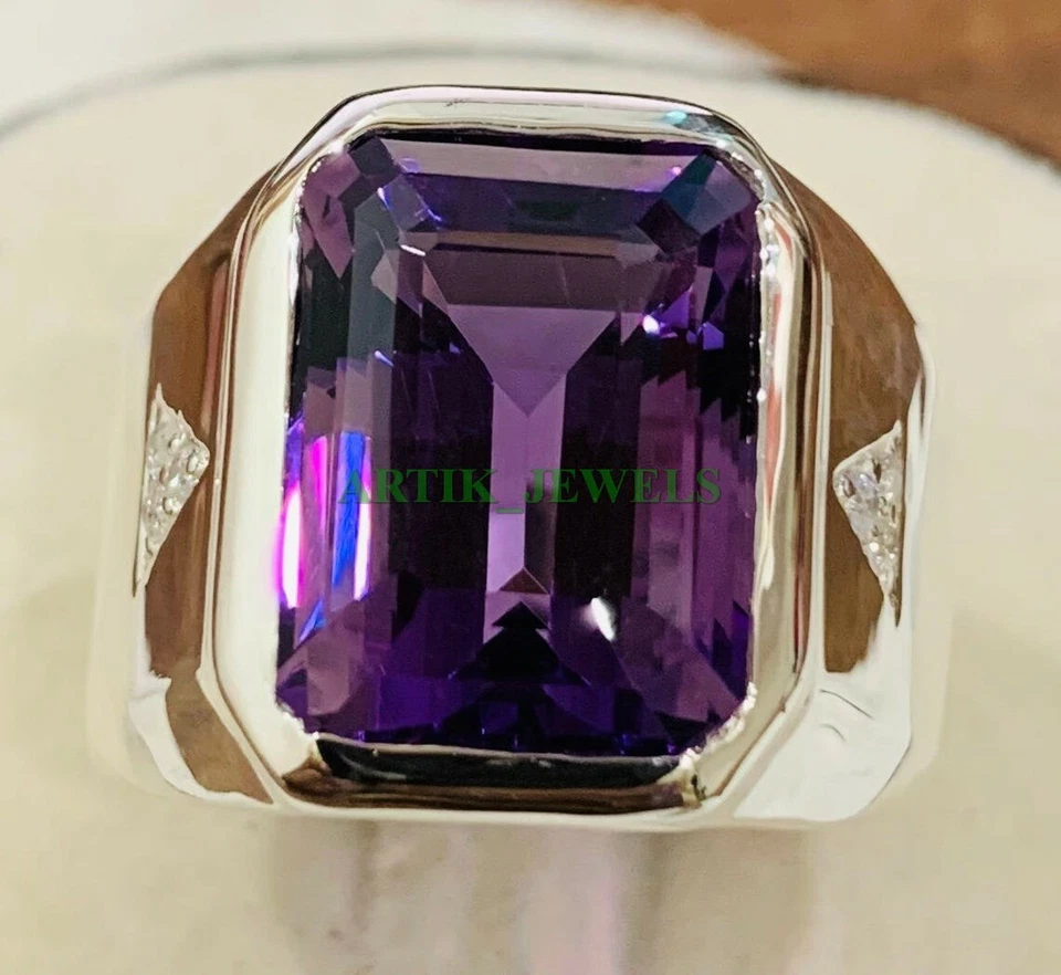 Натуральный аметист драгоценный камень с 925 пробы кольцо для мужчин #132 - Изображение 1 из 4