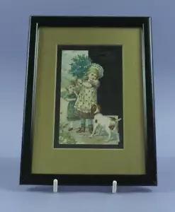 Tarjeta de felicitación temprana enmarcada de colección - Sinceri Auguri - niños, flores, perro - Imagen 1 de 1