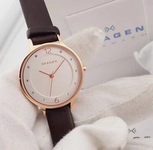 SKAGEN "Anita" Brown Leather Band N-MINT IN BOX Quartz Analog LADIES WATCH R22-0 - Picture 1 of 15