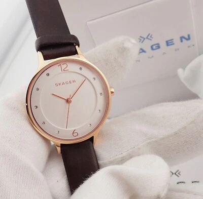SKAGEN "Anita" Brown Leather Band N-MINT IN BOX Quartz Analog LADIES WATCH R22-0 - Image 1 of 4