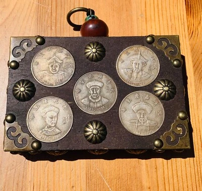 古董 Old Chinese 中国 Marked Wood w/ Silver 银 Coins Pattern Pendant - Image 1 of 4