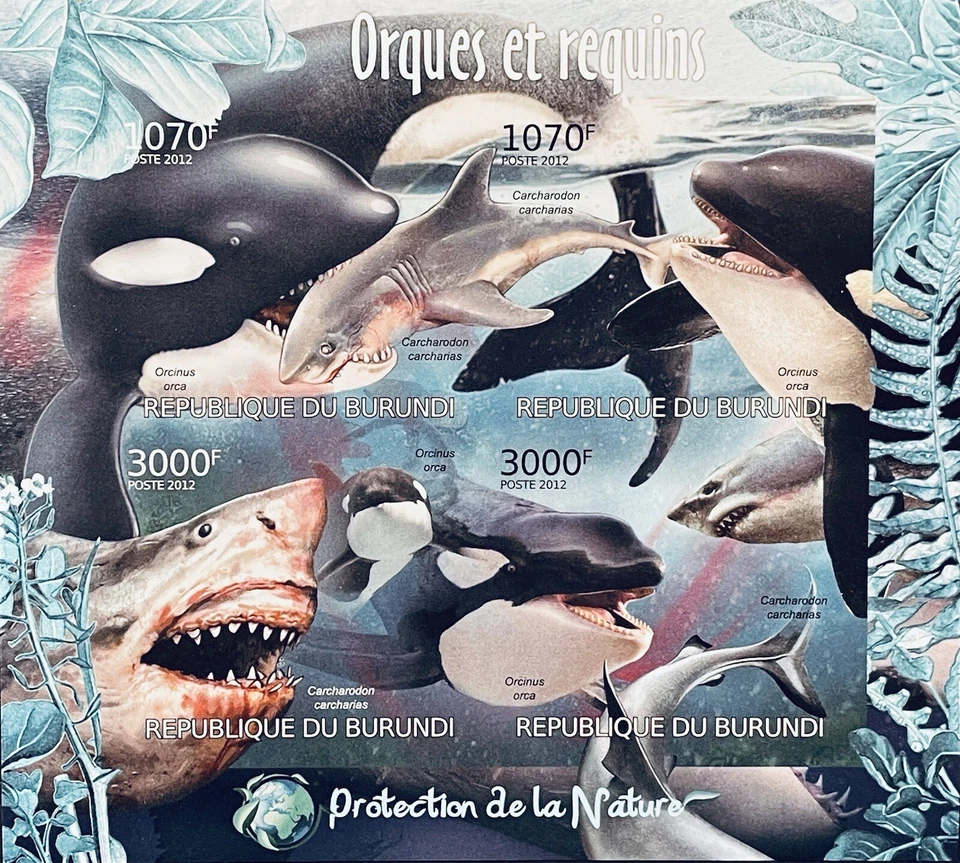 HOJA DE ESTAMPILLAS IMPERFECTAS DE ORCAS Y TIBURONES DE BURUNDI DE 4 MNH 2012 VIDA MARINA Foto 1 de 1