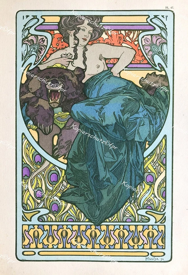 Alfons Mucha Prag Akt Erotik nude Bär Bärenfell Frisur Jugendstil Art Nouveau - Bild 1 von 1