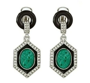 Kenneth Jay Lane KJL COUTURE Deco Faux Onyx Jade Crystal Dangle Drop Earrings - Picture 1 of 7
