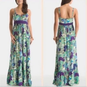 Guess by Marciano Silk Floral Print Maxi Dress w Crochet Detail Green Purple xxs - Picture 1 of 9