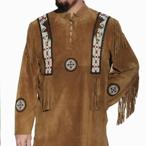 Camisa de cuero vaquero occidental de gamuza marrón para hombre con flecos y trabajo de pan de águila - Imagen 1 de 4