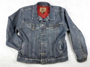 Eddie Bauer Large Plaid Flannel Lined Denim Trucker Jacket Coat Mens - Picture 1 of 7