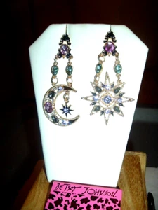 Betsey Johnson Dangling MULTICOLOR Crystal CELESTIAL MOON SUN Pierced EARRINGS - Picture 1 of 7