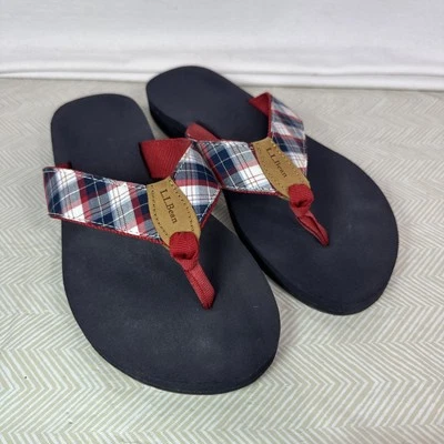 LL Bean Women’s 8 Meduim Red Plaid Flip Flop Thong Sandals Summer Wear Comfort - Image 1 of 4