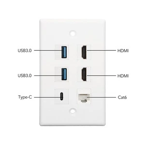 6 Port Wall Plate 2xHD Multimedia Interface 2xUSB3.0 1xType C 1xCat6 Ethernet CB - Afbeelding 1 van 22