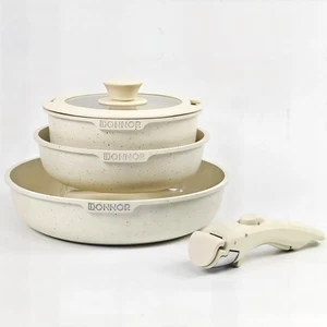 5 Pieces Cookware Set Pots Detachable Handles Pan Set White Non Stick Cooking - Picture 1 of 5
