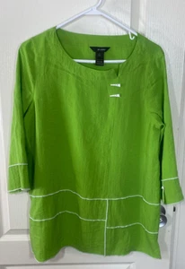 Ali Miles Top Tunic Womens Medium Green Lagenlook Artsy Toggle Relaxed 3/4 Seeve - Picture 1 of 11