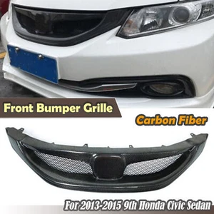 Black Carbon Fiber Front Bumper Grille Grill For 2013-2015 9th Honda Civic Sedan - Picture 1 of 8