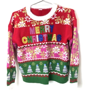Women’s Christmas Holiday "Ugly" Sweater, Size L (12-14), Glitter Pom-Poms - Imagen 1 de 6