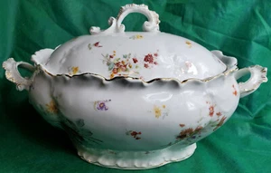Large Antique Carlsbad Austria Porcelain OVAL SERVER & LID Purple Flowers Vintag - Picture 1 of 12