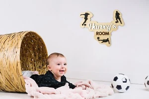 Personalised Football Wooden Name Sign - Kids Bedroom Door Plaque Nursery Decor - Picture 1 of 5