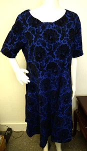 Lands End Blue Black Floral Velvet Flock Dress Fit Flare Short Sleeve Plus 1X - Picture 1 of 7
