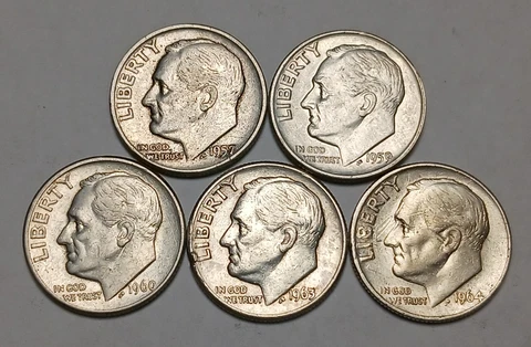 Lot of 5x Roosevelt Dimes - 90% Silver Coins - 1957(P) 1959D 1960D 1963D 1964(P) Cover