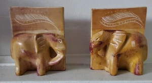 Set of 2 Elephant Carved Soapstone Brown Beige Bookends Heavy 5”x 3.5” - Picture 1 of 10