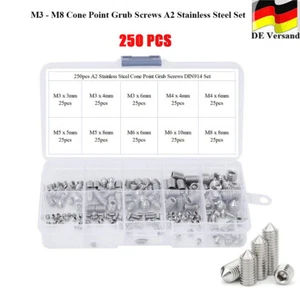 250tlg Gewindestifte DIN 914 Edelstahl A2 ISK Madenschrauben M3 - M8 Sortiment - Bild 1 von 14