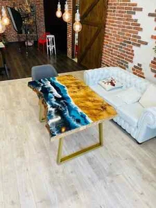 Live Edge Epoxy Resin Ocean Dining Table | Custom Natural Wood Kitchen Table Top - Picture 1 of 10