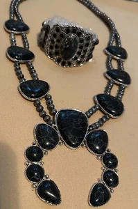 NEW gorgeous black marbled stone squash blossom necklace & bracelet set - Picture 1 of 2