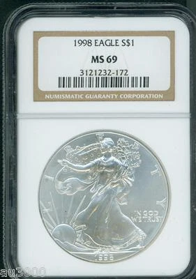 1998 American Silver Eagle S$1 ASE NGC MS69 MS-69 Premium Quality PQ+ !!! - Image 1 of 2