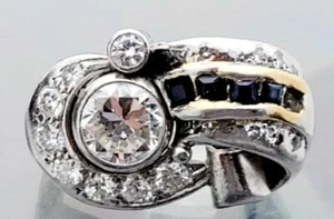 Platin Übergangsschliff Diamant & Saphir Retro Ring Nachlass Antik Vintage - Bild 1 von 5