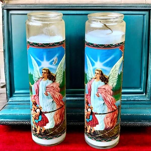 Religiöse Kerze Glas große Säule Vintage USA 1987 SCHUTZENGEL Christentum - Bild 1 von 12