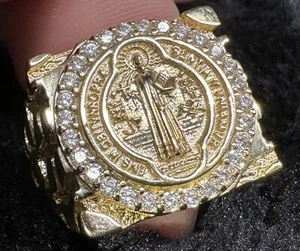 Saint Benedict 14k Yellow Gold Mens Ring - 10.5 Gram With Raw Nugget Design - Picture 1 of 22