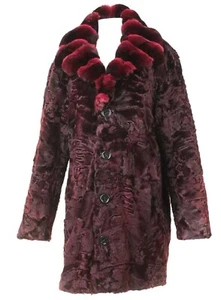 Women's burgundy Real Persian lamb fur Coat rex rabbit Fur collar AllSizePRESALE - Picture 1 of 5