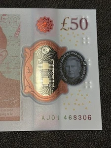 UNC Reino Unido Inglaterra £50 Cincuenta libras AJ01 primer prefijo 2024 polímero rey Carlos III - Imagen 1 de 4
