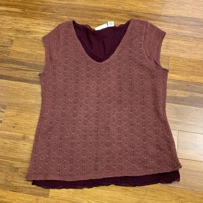 DKNY Jeans Womens Burgundy Knit Layered V Neck Cap Sleeve Top Size XL Blouse - Image 1 of 4