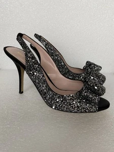 Kate Spade Black and Silver Charm Glitter Slingback BowHeels Size 9.5 B - Picture 1 of 22