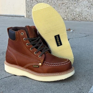 MEN'S WORK BOOTS MOC TOE GENUINE LEATHER LACE UP OIL RESISTANT LIGHT BROWN 516 - Picture 1 of 4