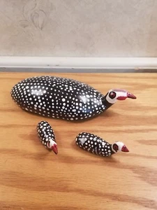 NOVICA AFRICAN GUINEA FOWL MOTHER WITH CHICKS BLACK WITH WHITE SPOTS - Picture 1 of 8