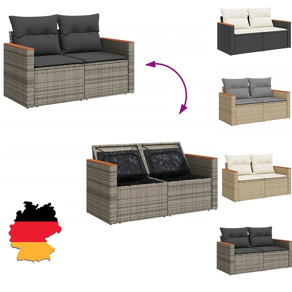 MARKENLOS 2-Sitzer-Sofa mit Stauraum & Kissen Poly Rattan Gartensofa Gartenbank Ecksofa