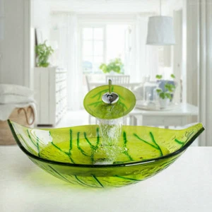 Bathroom Tempered Glass Green Leaves Vessel Basin Sink With Waterfall Taps Set - Picture 1 of 12
