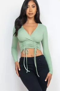Sexy Wrap Front Long Sleeve Crop Top Stretchy Fitted Solid Bodycon Shirt $14.00 - Picture 1 of 5