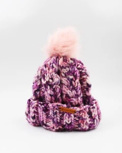Handmade Hand Knit Chunky Cozy Cable Knit Merino Pink Purple Hat with Pom Pom - Picture 1 of 4