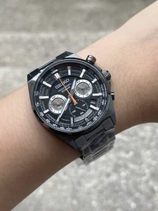 New! Seiko SSB399P1 Chronograph Tachymeter Black Dial Black Steel Watch for Men - Picture 1 of 7