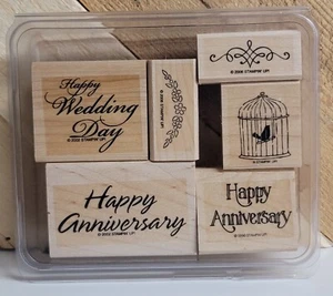 Estampilla de goma Stampin' Up FELIZ ANIVERSARIO DESEOS PALOMA DE BODA 6 piezas bloque de madera - Imagen 1 de 5