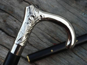 SILVER\ HEAD HANDLE WALKING STICK/CANE WITH WOODEN BLACK STICK CANE - Picture 1 of 8