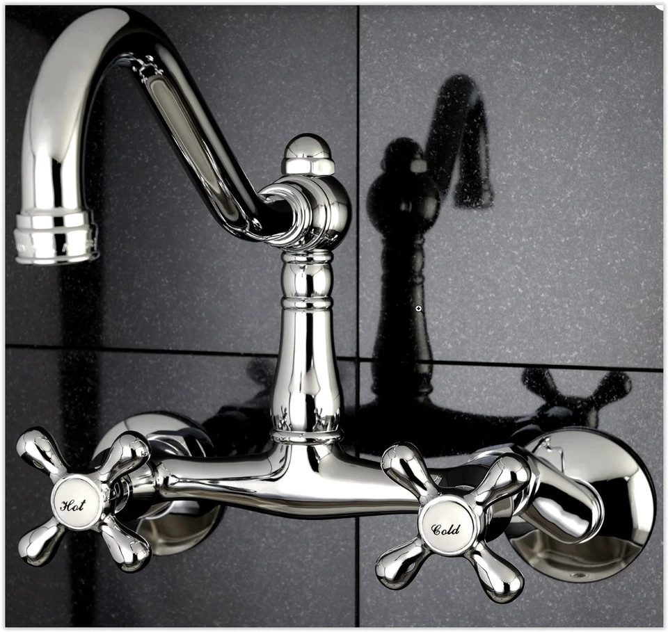 Kingston Brass Metal Cross Handle Chrome Wall Mount Kitchen Faucet KS3221AX