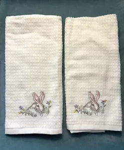 2 Casaba Easter Bunny Hand Towels NEW Ivory Honeycomb Embroidered Rabbit (I) - Picture 1 of 4